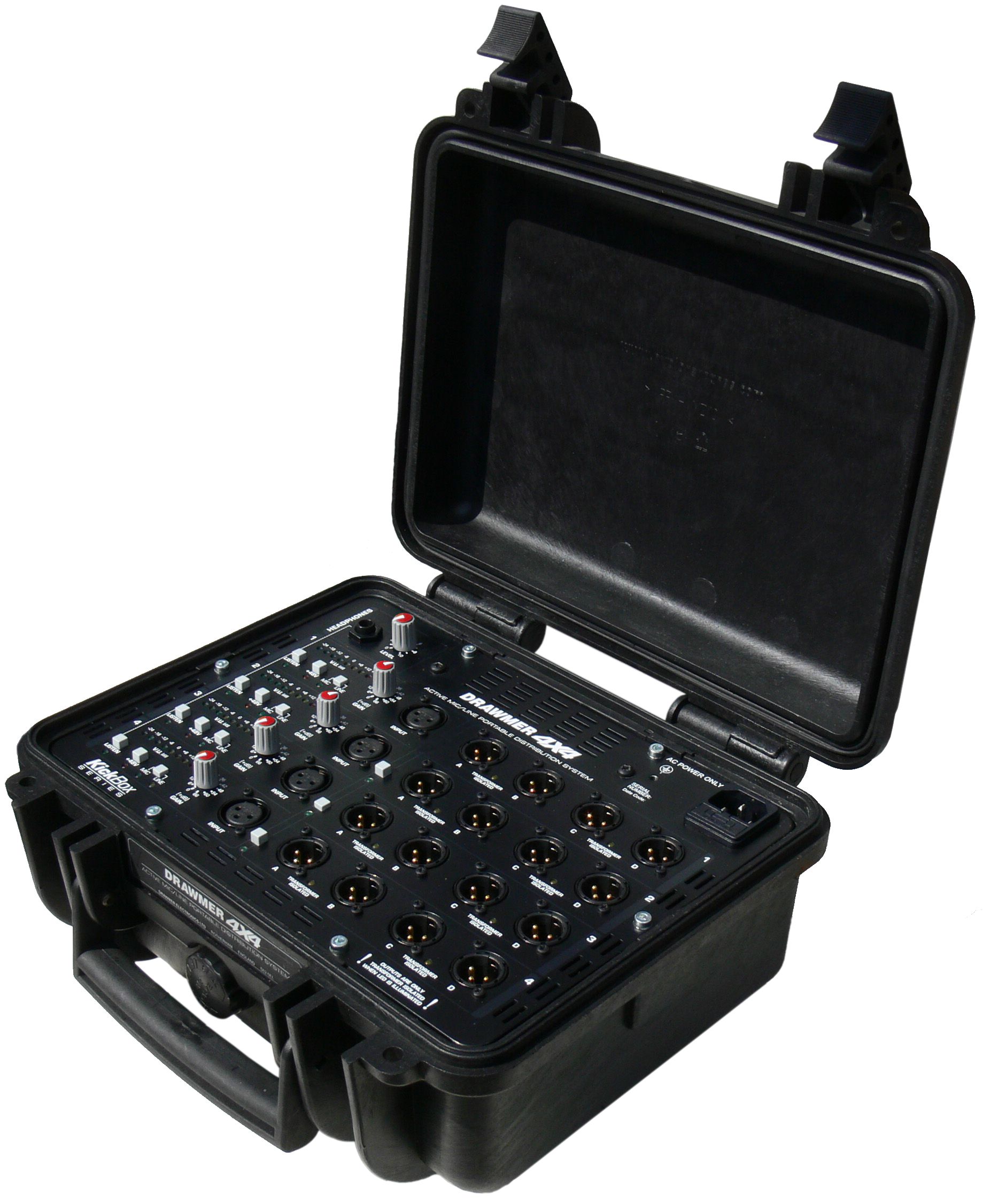 Drawmer KickBox 4x4 - rozdzielacz sygnału do monitoringu 4/4 oraz kostka dziennikarska 1/16 w wersji przenośnej